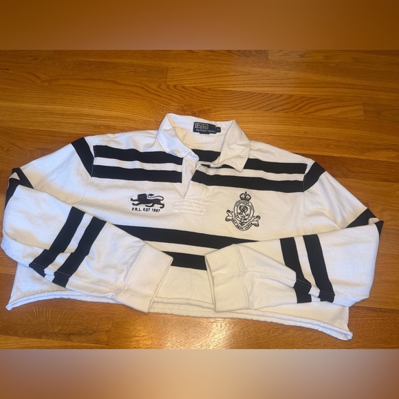 Polo Ralph Lauren Tops - Polo Ralph Lauren Rugby Crop Sweatshirt XL Striped Big Logo Crest Preppy